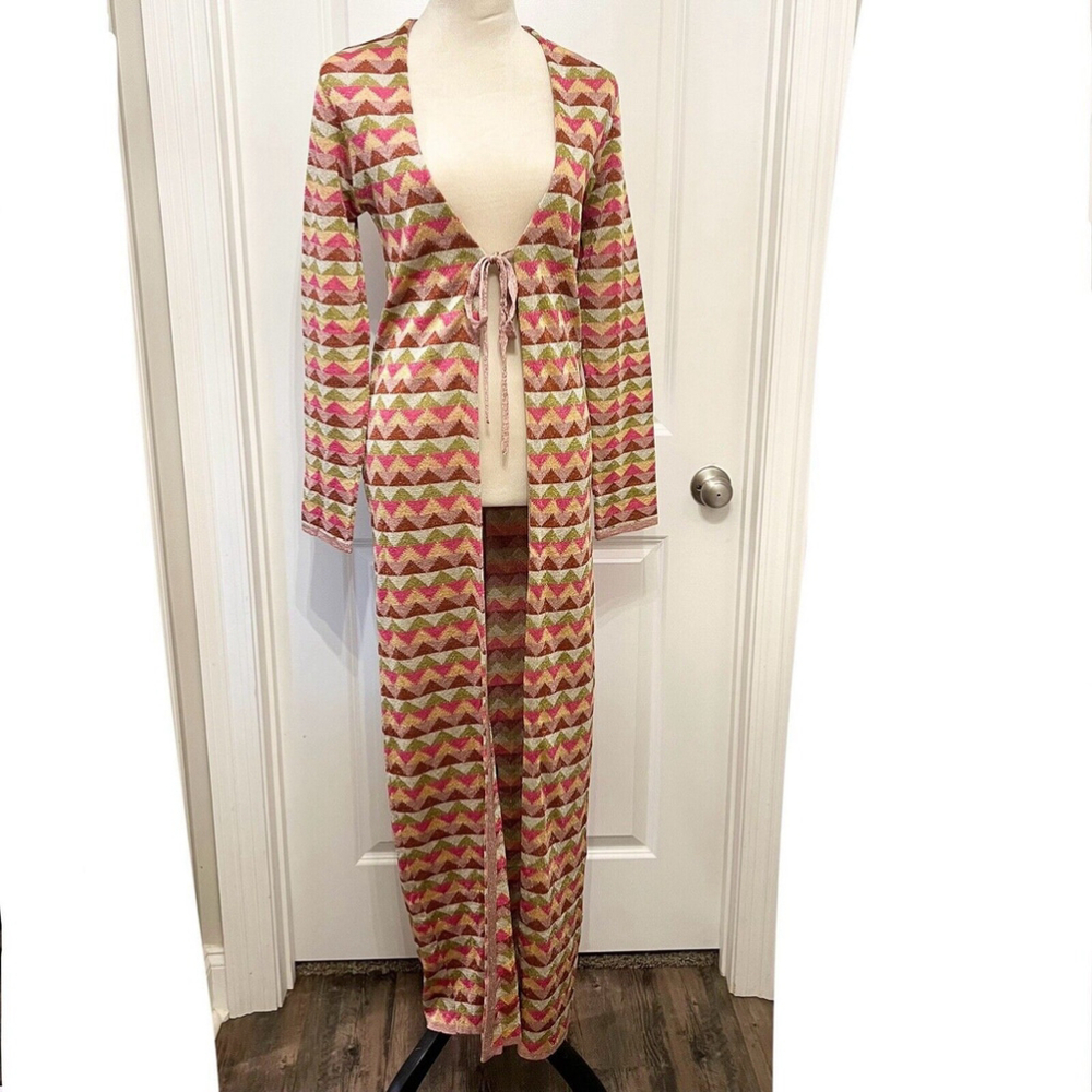 Happy Sheep Anthropologie Pink Earth Tone Sparkle Chevron Duster Cardigan NWT- M